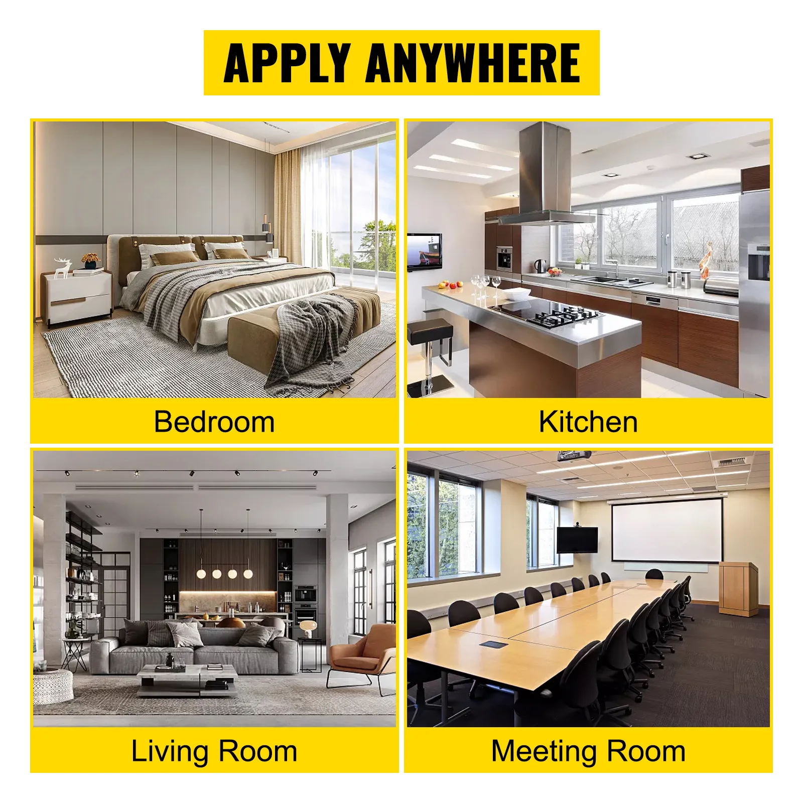 VEVOR reading stand used in bedroom, kitchen, living room, and meeting room with "apply anywhere" text.