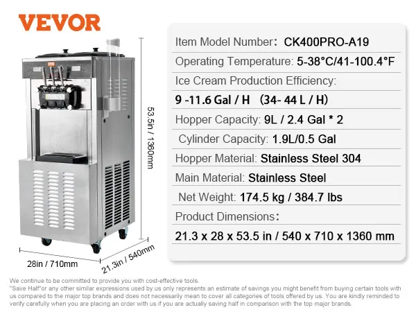 VEVOR commerciële ijsmachine, model ck400pro-a19, 2 trechters, roestvrij staal, 135 cm hoog.