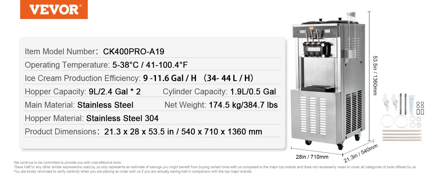 VEVOR commerciële ijsmachine, model ck400pro-a19, 2 trechters, roestvrij staal, 135 cm hoog.