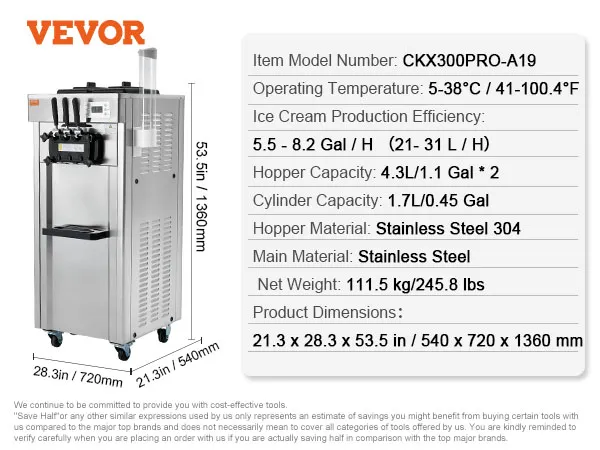 VEVOR commerciële ijsmachine met roestvrij staal, 5,5-8,2 gal/u, 21,3x28,3x53,5 inch.