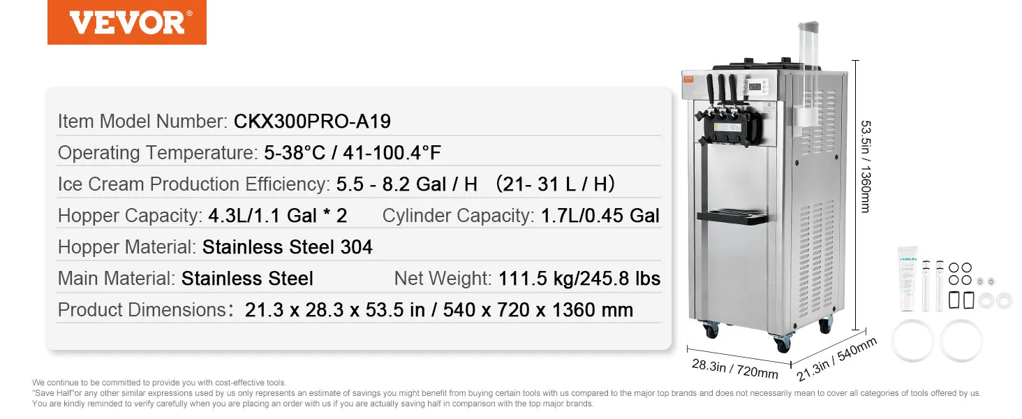VEVOR commerciële ijsmachine met roestvrij staal, 5,5-8,2 gal/u, 21,3x28,3x53,5 inch.