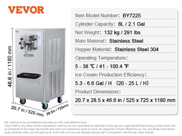 Máquina de helado comercial VEVOR by7225, acero inoxidable, capacidad de 8l, bajo nivel de ruido, alta eficiencia.