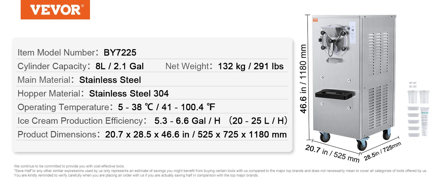 Máquina de helado comercial VEVOR by7225, acero inoxidable, capacidad de 8l, bajo nivel de ruido, alta eficiencia.