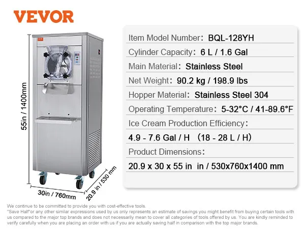 VEVOR commerciële ijsmachine bql-128yh, capaciteit 6 l, roestvrij staal, 90,2 kg, hoogte 55 inch.