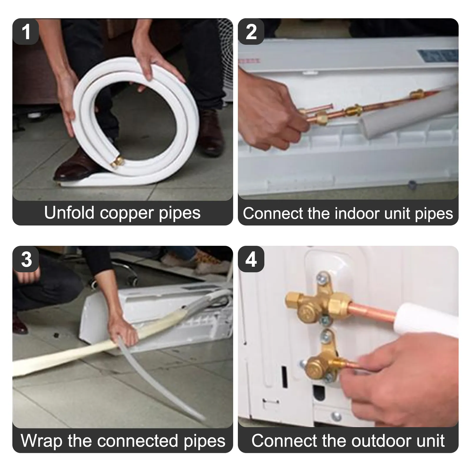Pasos para instalar el conjunto de línea mini split VEVOR: desplegar las tuberías, conectar la unidad interior, envolver, conectar la unidad exterior.