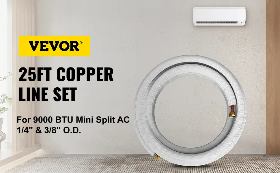Juego de línea minisplit VEVOR Juego de línea de cobre de 25 pies para sistema de aire acondicionado minisplit de 9000 BTU