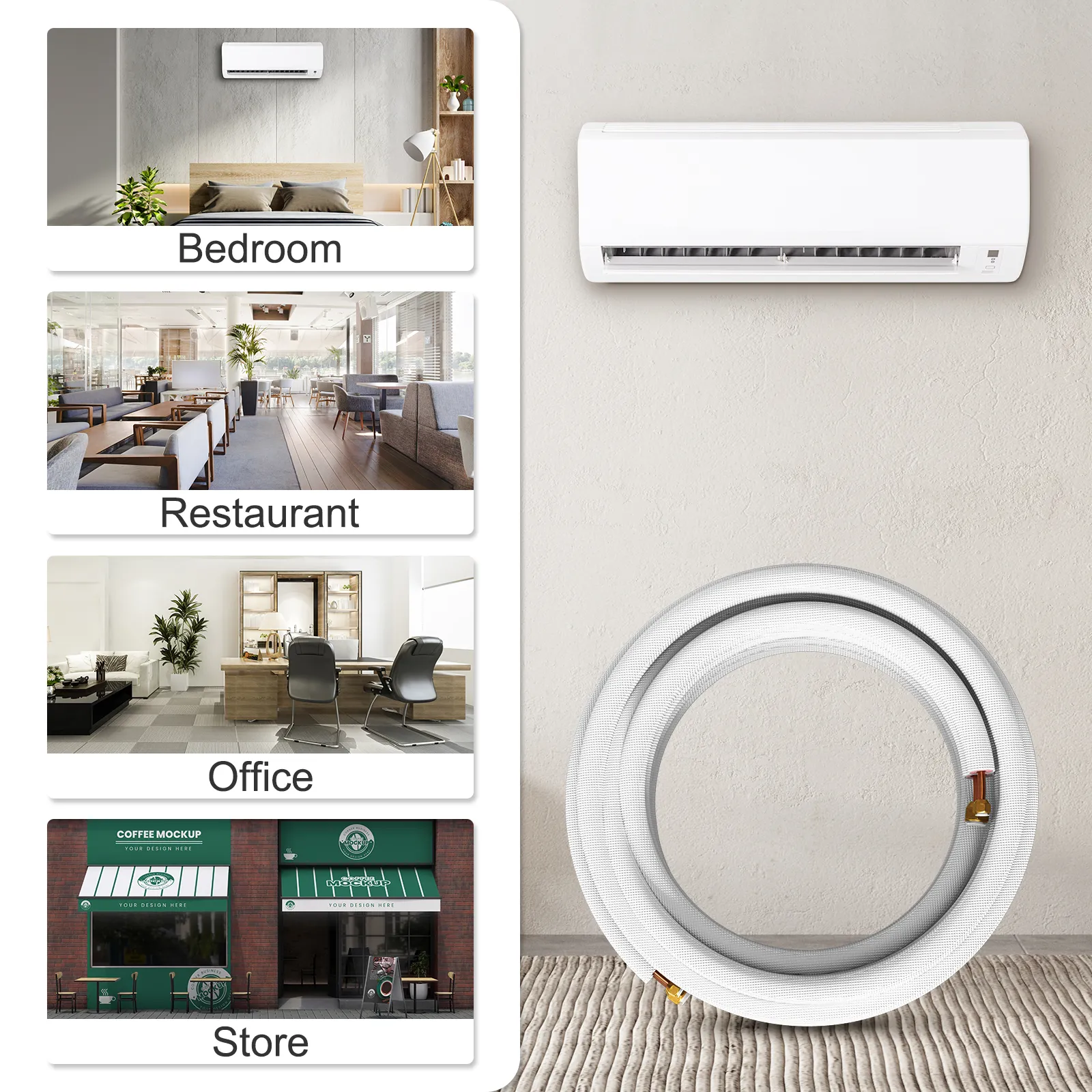 Línea minisplit VEVOR para entornos de dormitorios, restaurantes, oficinas y tiendas.
