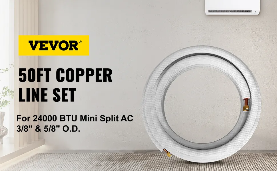 Conjunto de línea minisplit VEVOR de 50 pies de cobre para 24 000 BTU CA, diámetro exterior de 3/8" y 5/8"