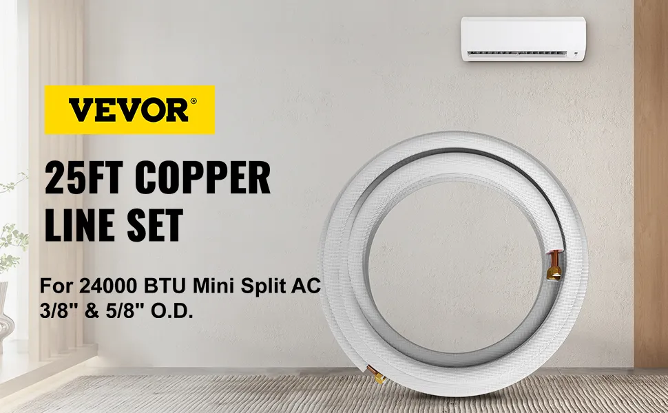 Conjunto de línea de cobre mini split VEVOR de 25 pies para aire acondicionado de 24 000 BTU exhibido en una pared beige.