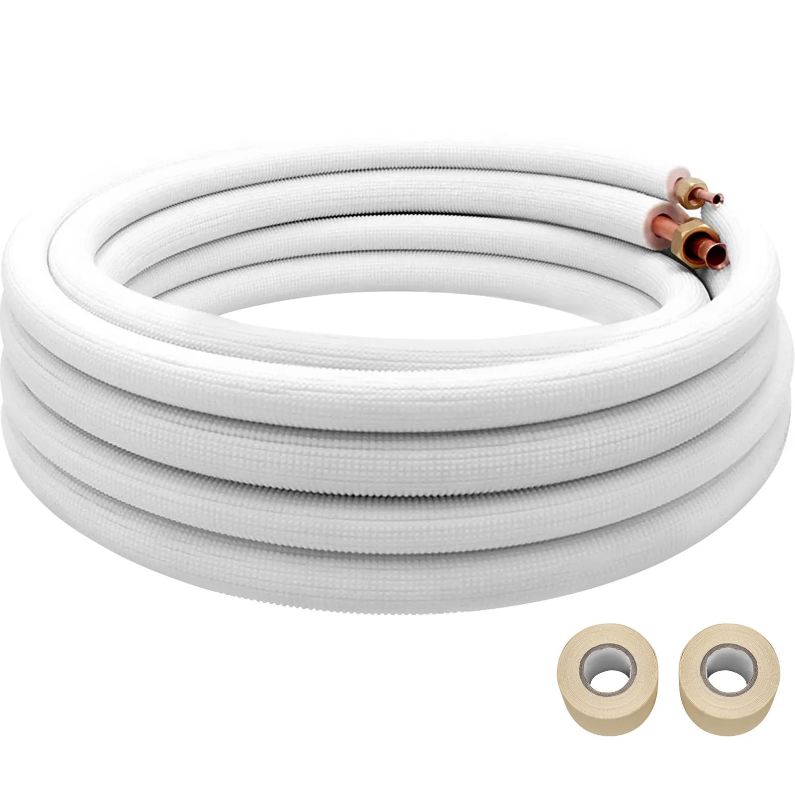 Juego de cables de cobre mini split VEVOR con aislamiento blanco y dos rollos de cinta.