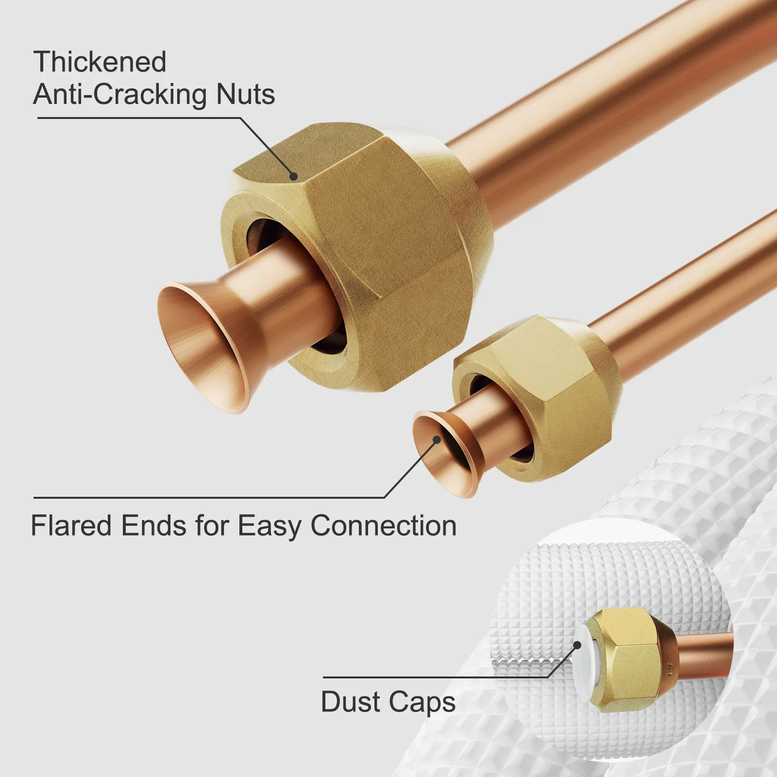 Juego de línea de cobre mini split VEVOR con tuercas anti-grietas y extremos ensanchados.