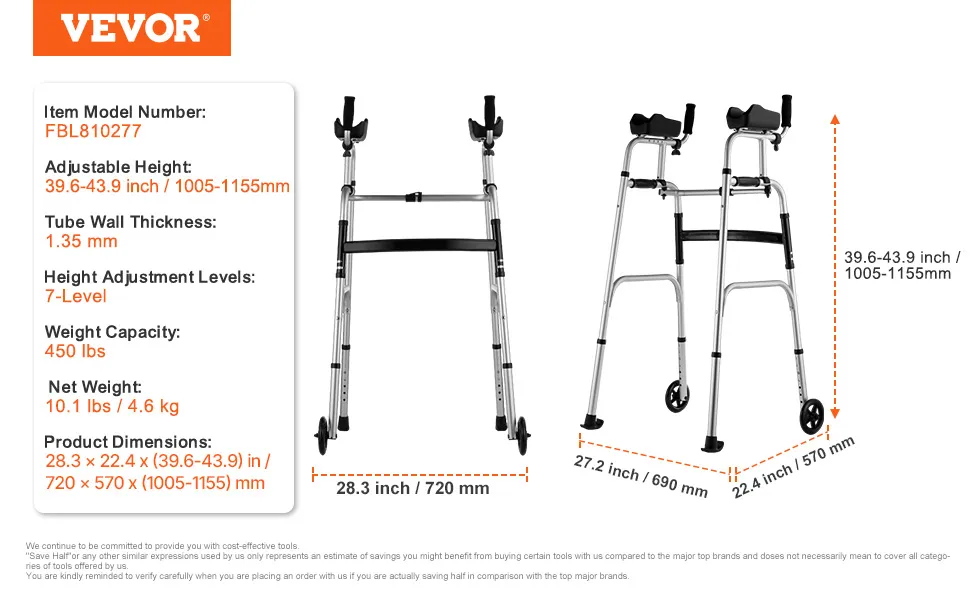 Składany chodzik VEVOR z regulowaną wysokością, 7-stopniową regulacją, udźwig 450 funtów, szczegółowe wymiary.