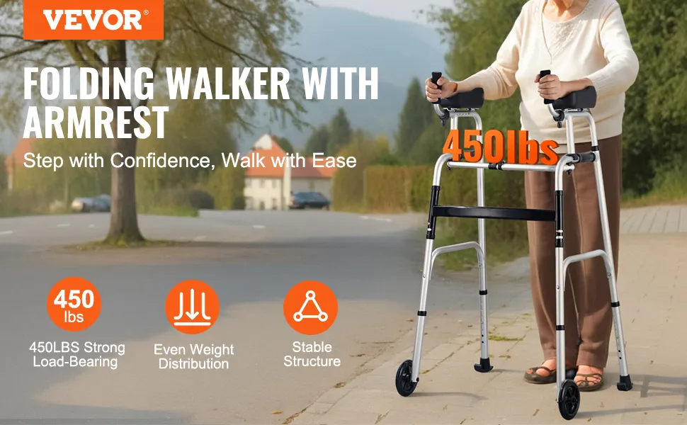 VEVOR składany chodzik z podłokietnikiem, nośność 450 funtów, równomierne rozłożenie ciężaru, stabilna konstrukcja