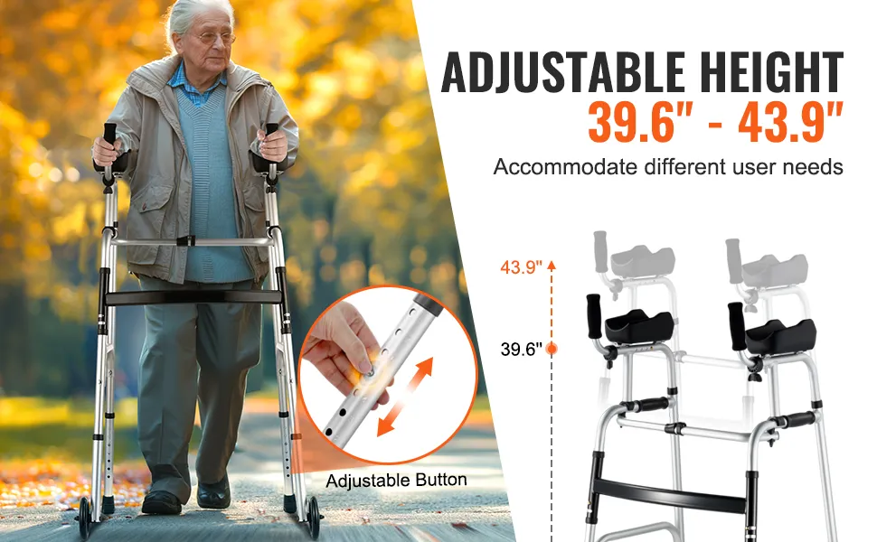 Składany chodzik VEVOR z regulowaną wysokością w zakresie 39,6"-43,9", dostosowany do różnych potrzeb użytkowników na leśnych ścieżkach.