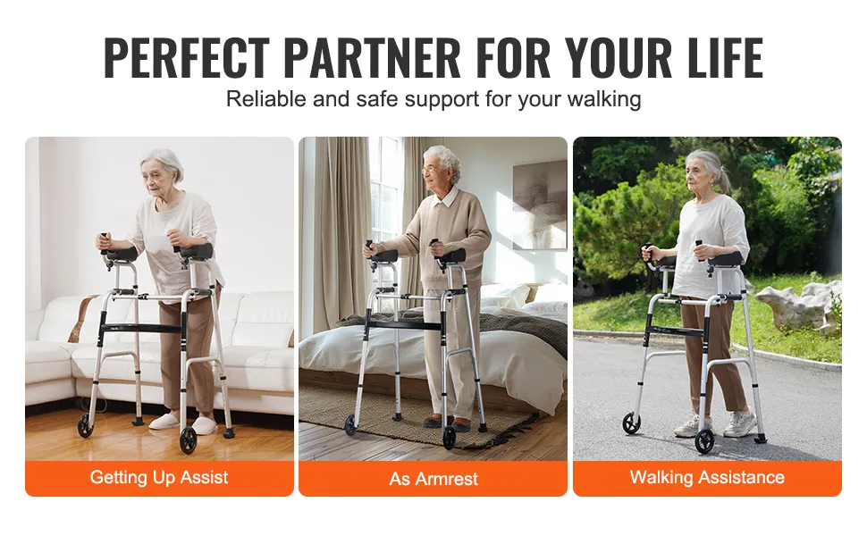 osoba starsza korzystająca ze składanego balkonika VEVOR w celu wspomagania wstawania, podłokietnika i chodzenia.