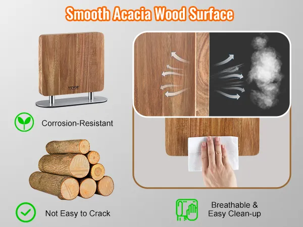 smooth acacia wood surface of the VEVOR magnetic knife block; corrosion-resistant and easy to clean.