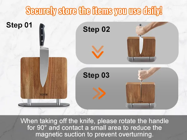 steps to use the VEVOR magnetic knife block with wooden design, showcasing secure knife storage.