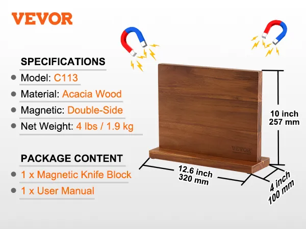 VEVOR magnetic knife block made from acacia wood, double-sided, with various knives and tools stored.