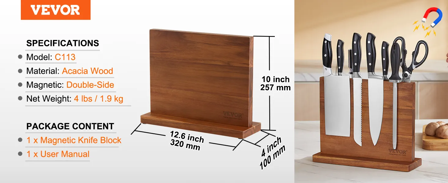 VEVOR magnetic knife block made from acacia wood, double-sided, with various knives and tools stored.