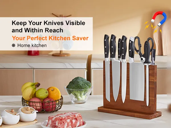 VEVOR magnetic knife block on kitchen counter with various knives, scissors, and fresh vegetables.