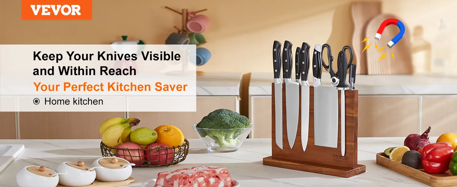 VEVOR magnetic knife block on kitchen counter with various knives, scissors, and fresh vegetables.
