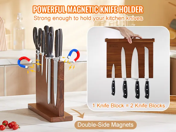 VEVOR magnetic knife block with double-side magnets holding various kitchen knives securely.