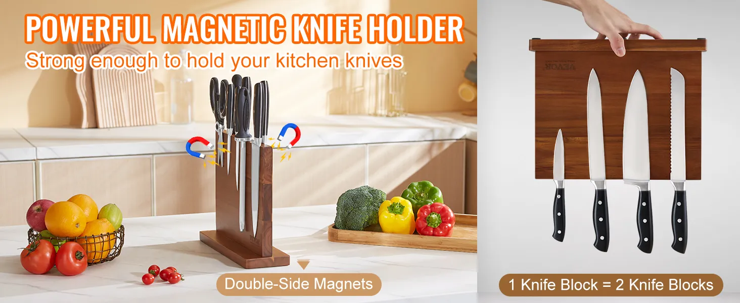 VEVOR magnetic knife block with double-side magnets holding various kitchen knives securely.
