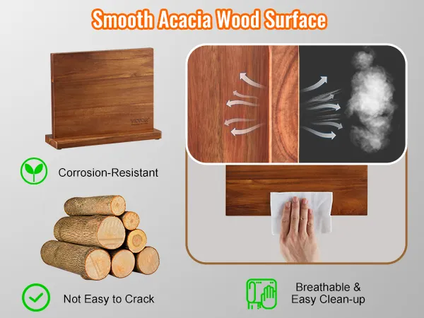 VEVOR magnetic knife block made from smooth acacia wood, corrosion-resistant, not easy to crack, easy cleanup.