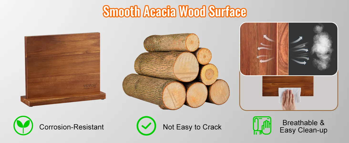 VEVOR magnetic knife block made from smooth acacia wood, corrosion-resistant, not easy to crack, easy cleanup.