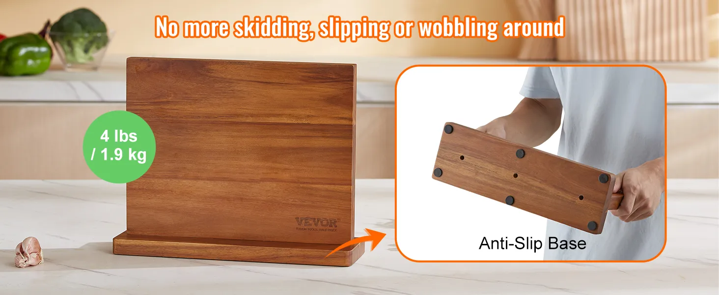 VEVOR magnetic knife block with anti-slip base, 4 lbs / 1.9 kg, on kitchen counter.