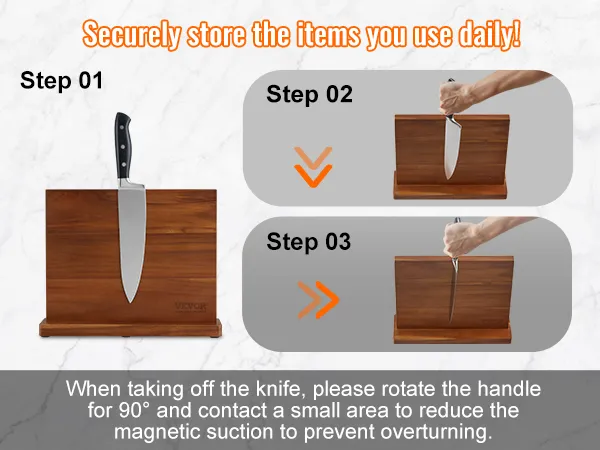 steps to use the VEVOR magnetic knife block: insert knife, rotate handle, remove knife safely.