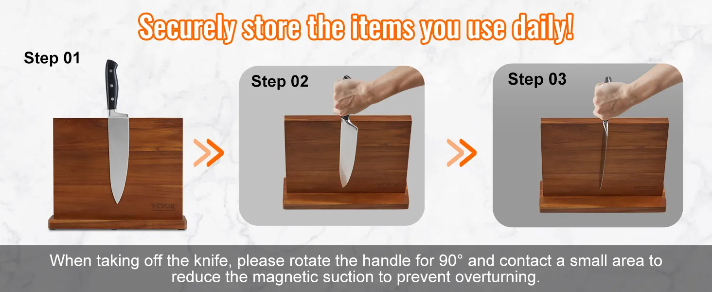 steps to use the VEVOR magnetic knife block: insert knife, rotate handle, remove knife safely.