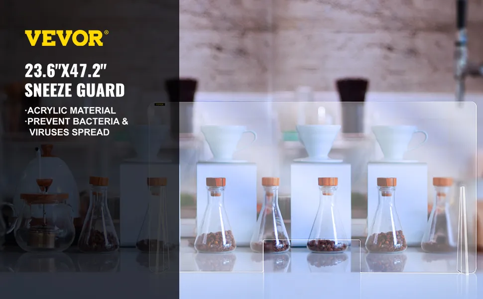 VEVOR acrylic sneeze guard 23.6" x 47.2" protecting coffee shop counter with jars and cups.