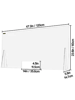 VEVOR acrylic sneeze guard, 47.2"x23.6" with cutout, dimensions in inches and cm.