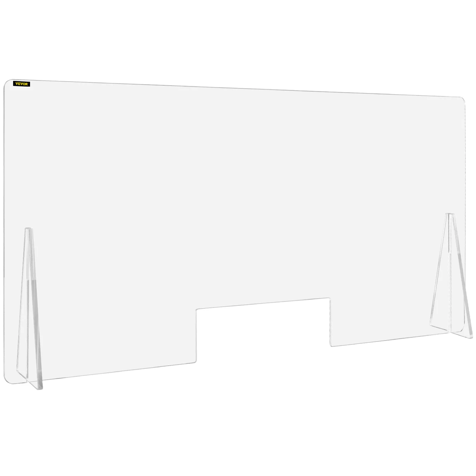 clear VEVOR acrylic sneeze guard with stand and pass-through opening.
