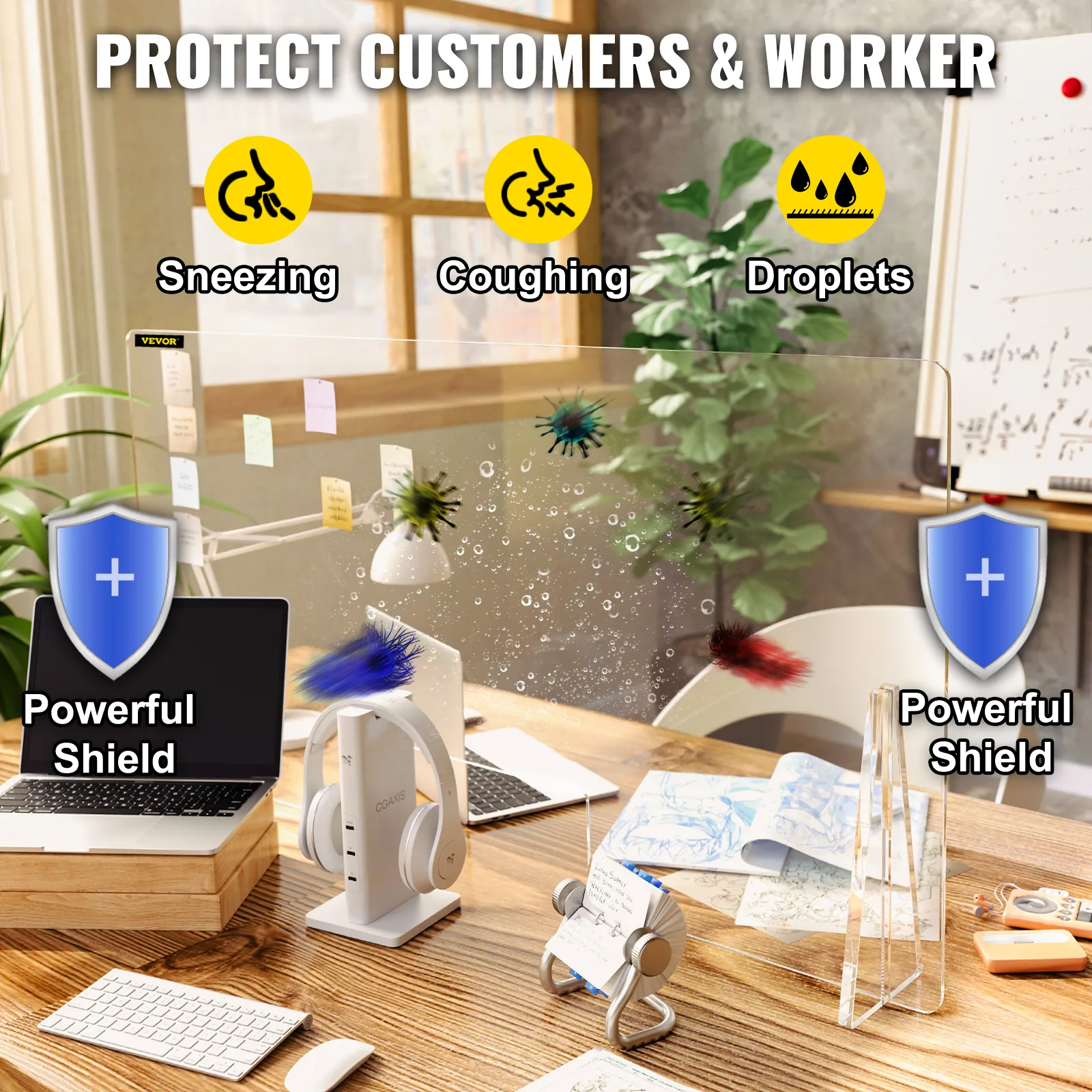 VEVOR acrylic sneeze guard: protect customers from sneezing, coughing, and droplets.