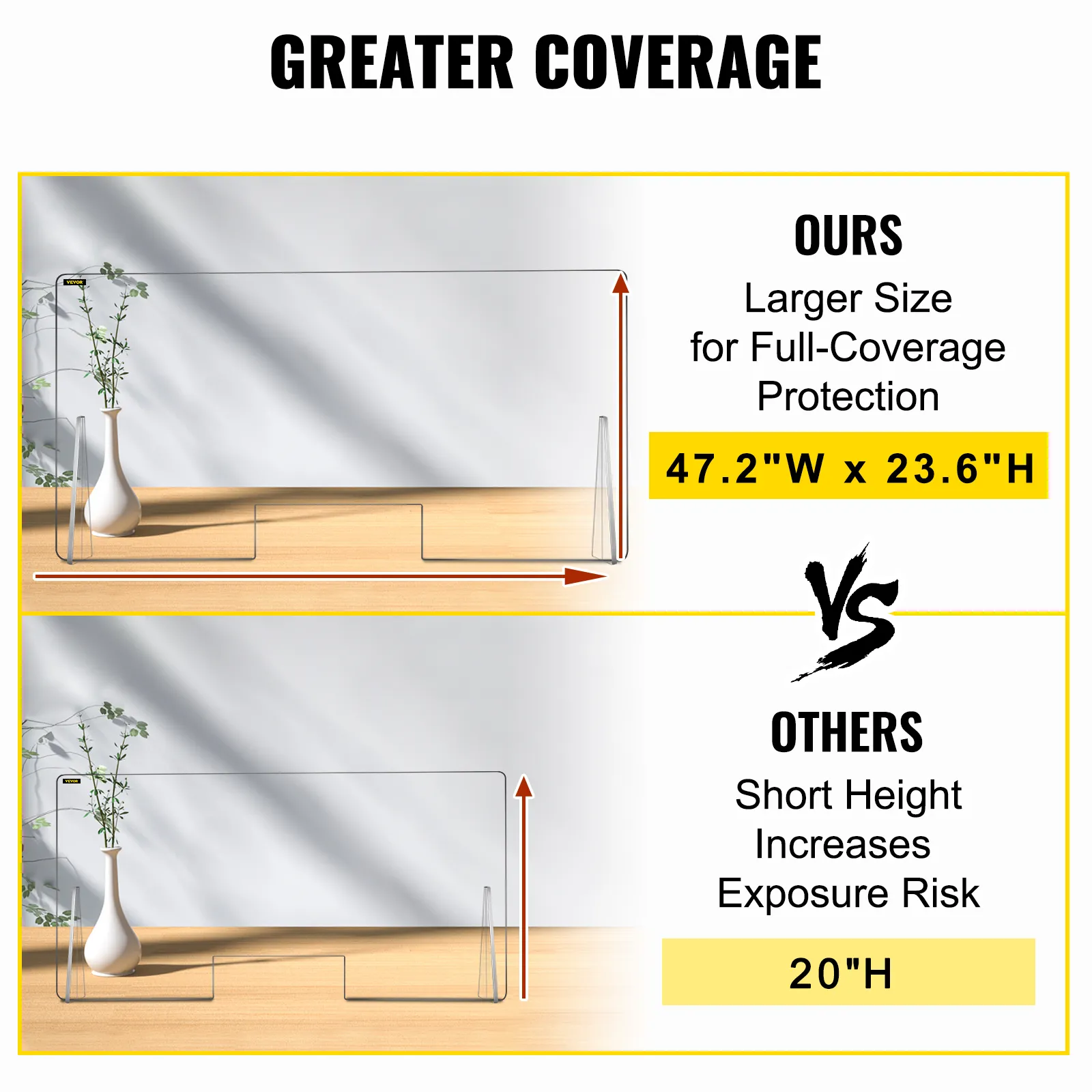 VEVOR acrylic sneeze guard vs competitor size comparison, showcasing greater coverage.