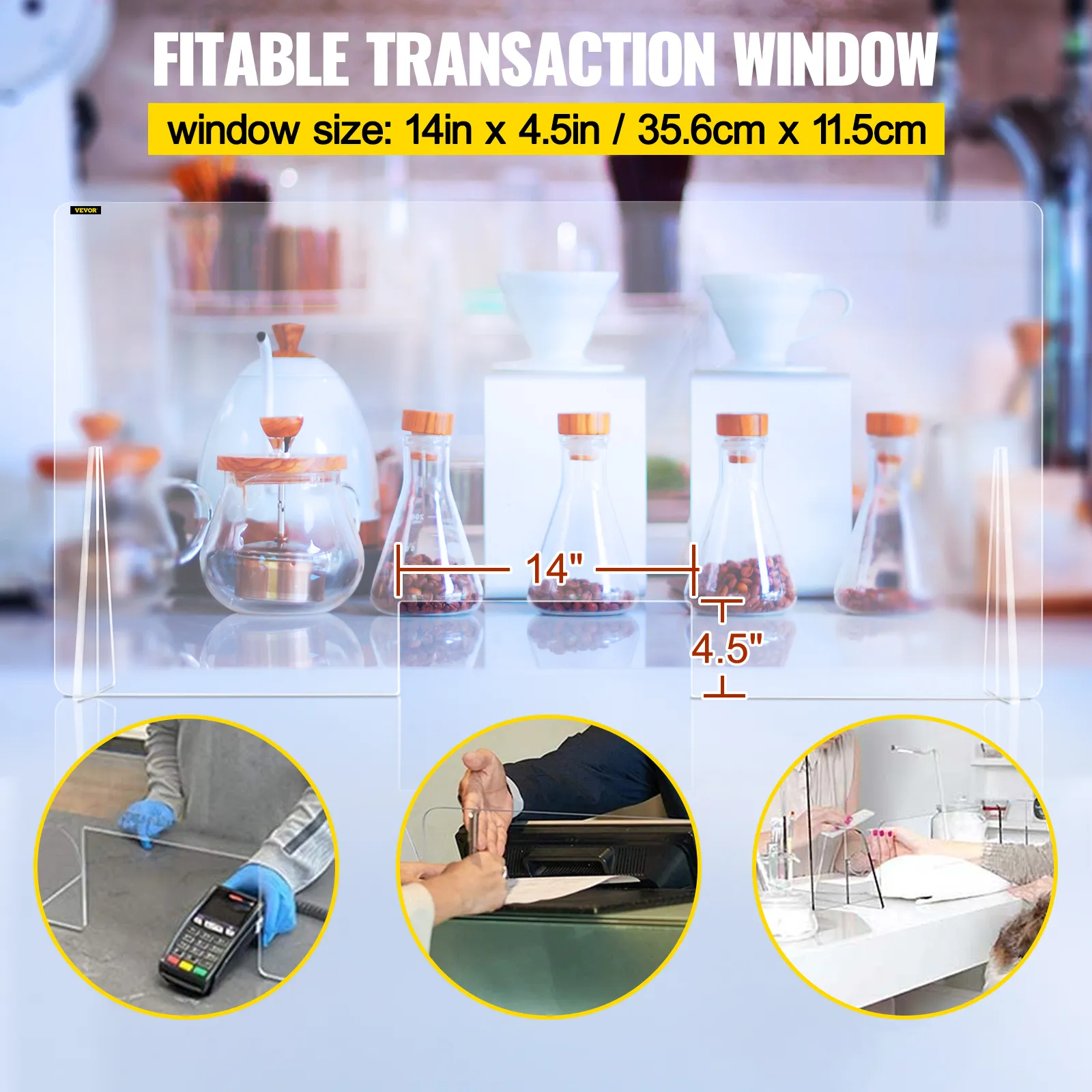 VEVOR acrylic sneeze guard with fitable transaction window for safety in various setups.