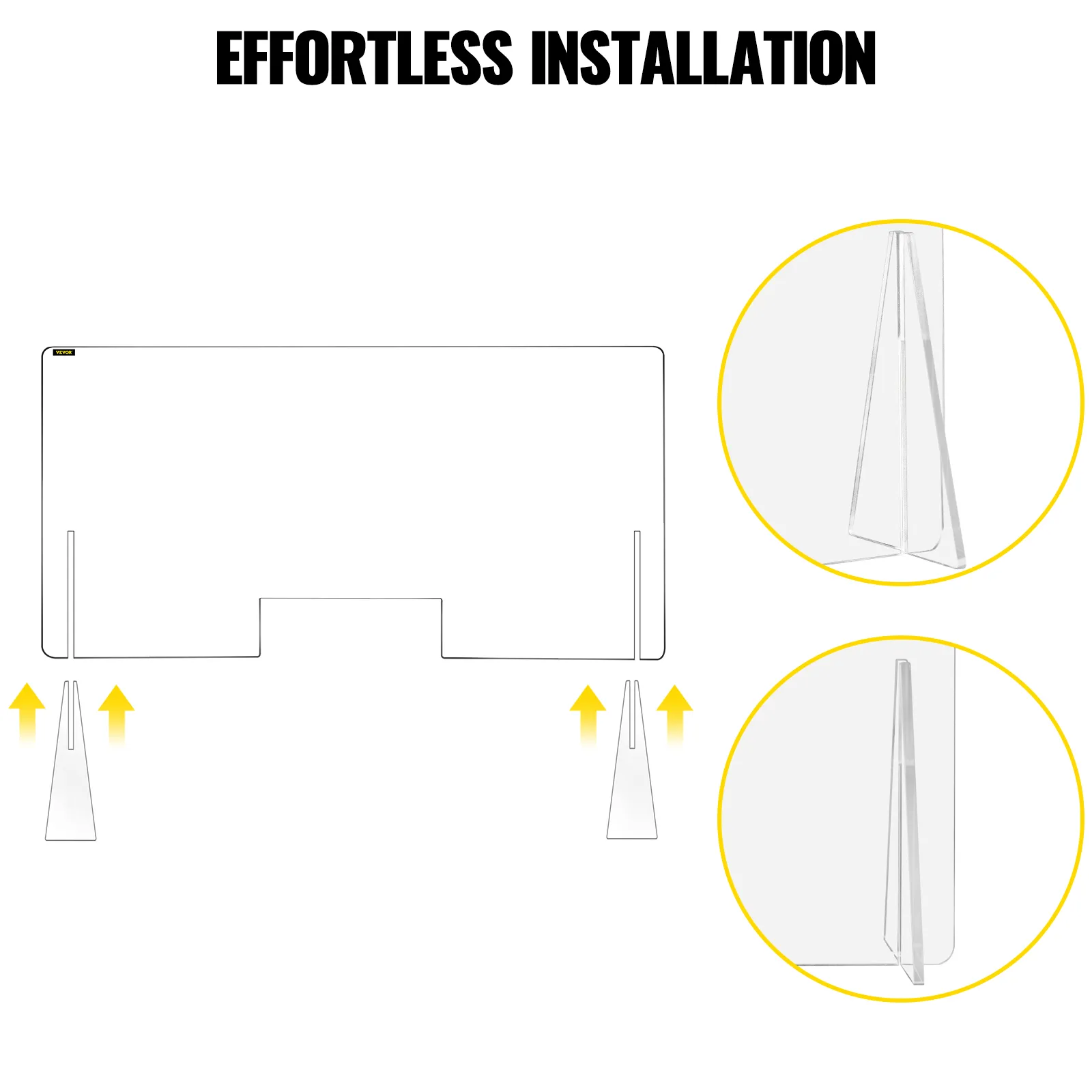 VEVOR acrylic sneeze guard with slots for effortless installation, featuring yellow arrows.