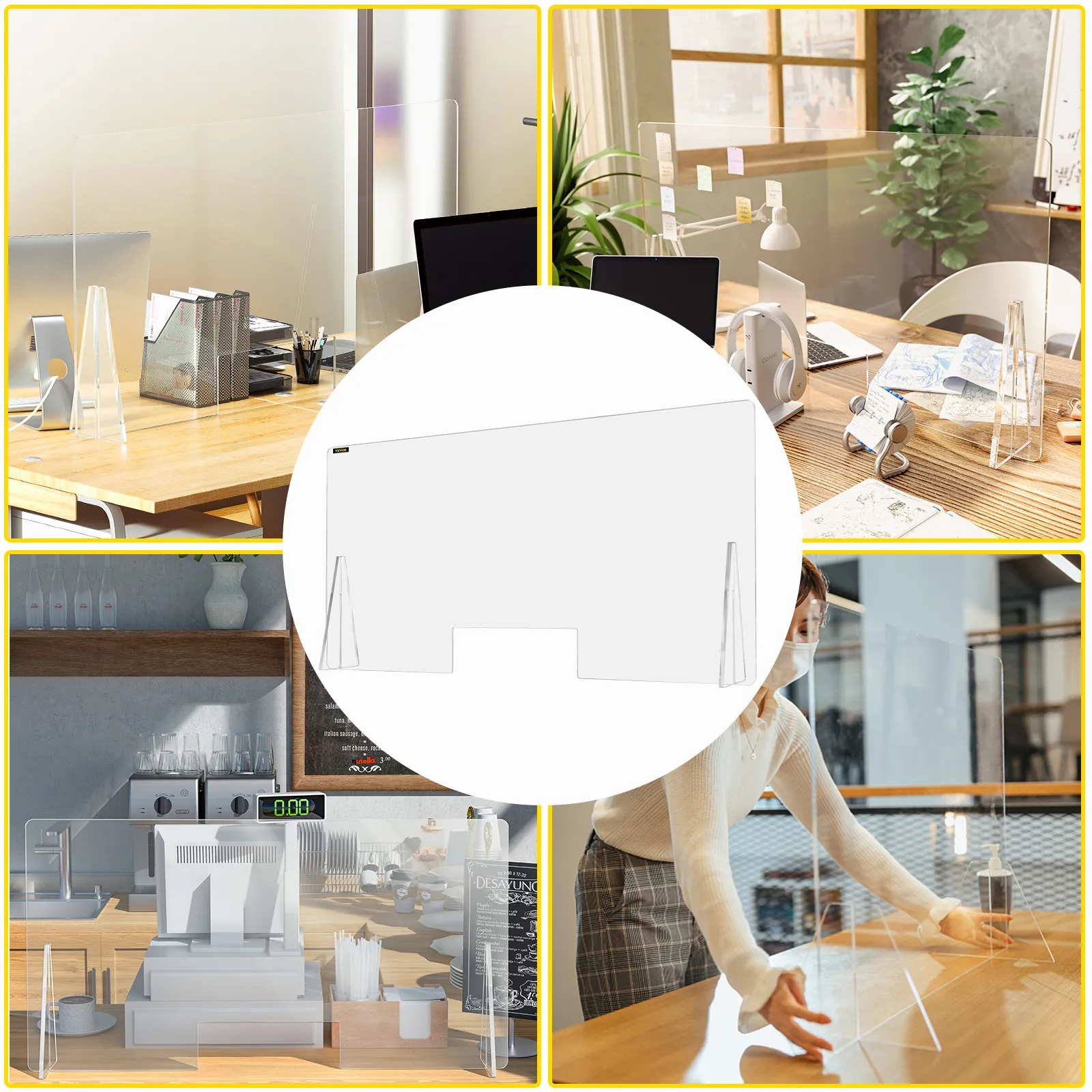 VEVOR acrylic sneeze guard in office, restaurant, and retail settings for protection.
