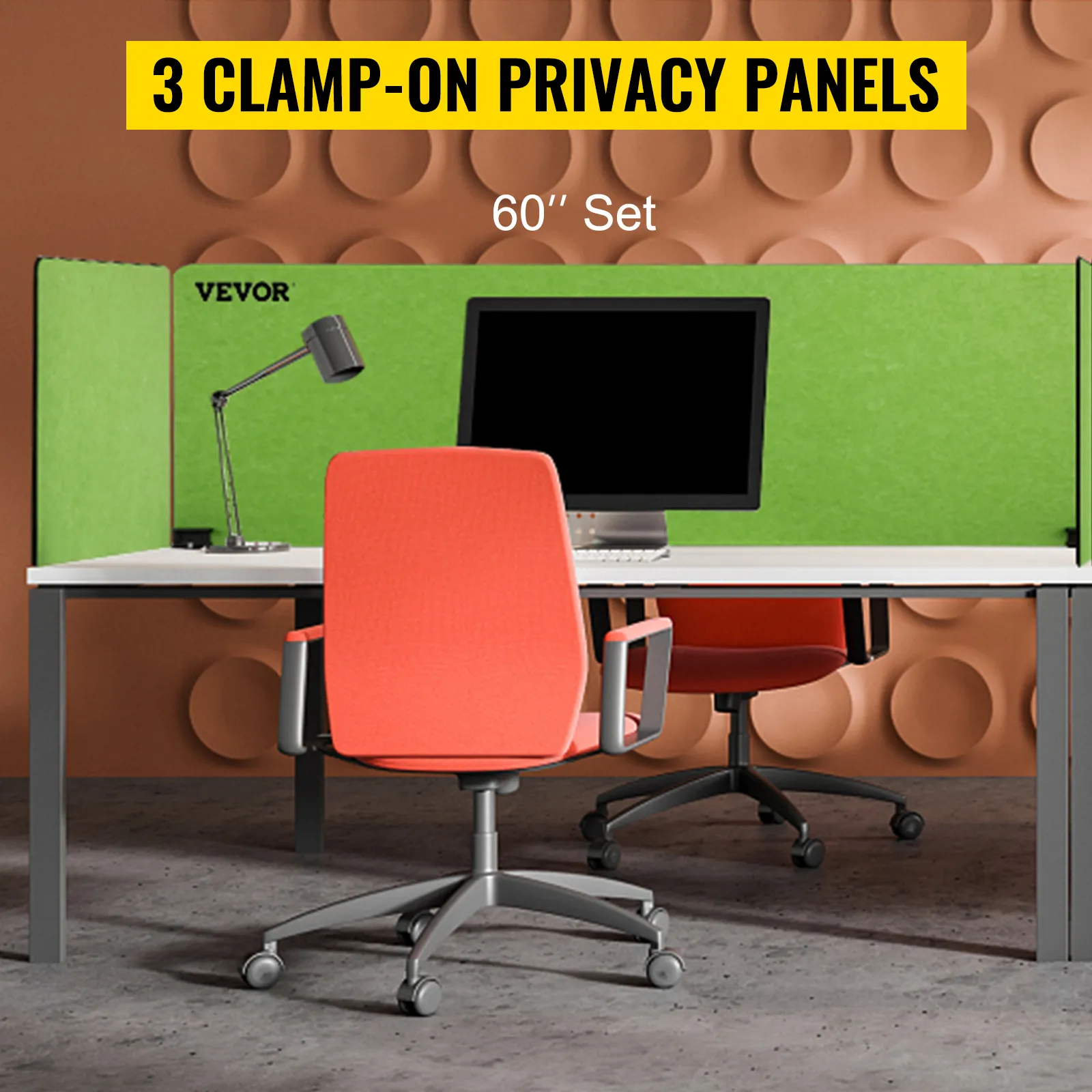 VEVOR desk divider, 3 clamp-on privacy panels on a modern desk with an orange chair.