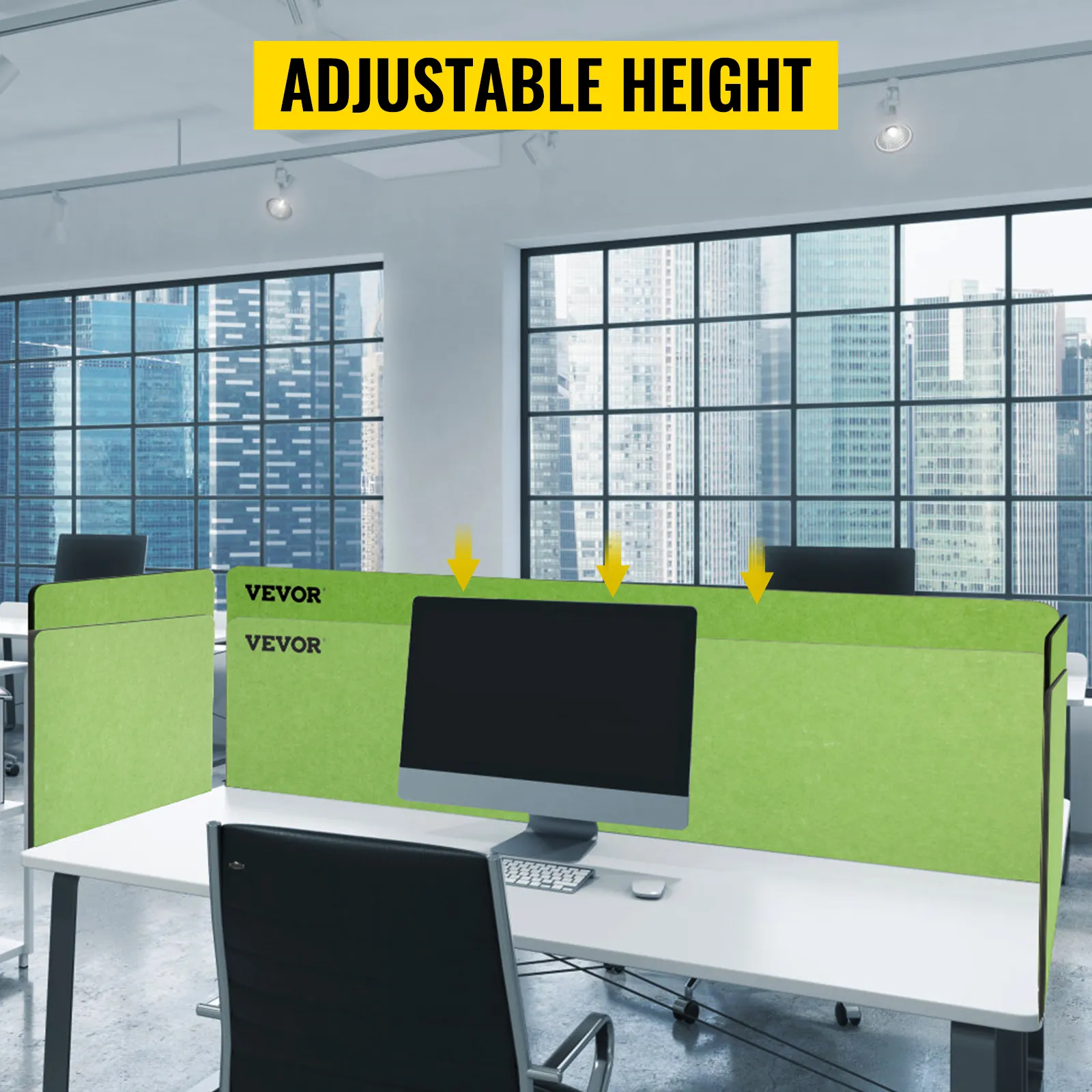 VEVOR desk divider in a modern office with adjustable height and green panels.