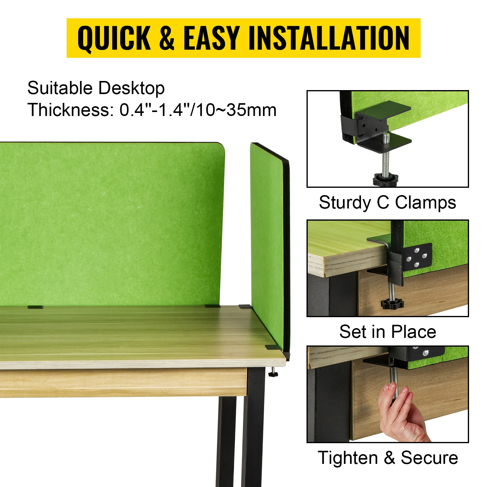 VEVOR desk divider with green panel, sturdy c clamps, easy installation process.