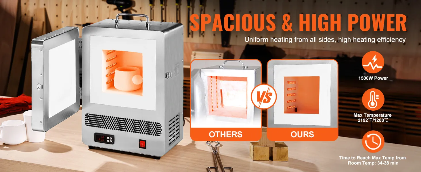 VEVOR Electric Kiln, 1500W Electric Melting Furnace, Max Temperature 2192℉/1200℃, Stainless Steel Electric Furnace for Wax Casting, Metal Clay DIY, Metal Tempering , Glazing on Pottery