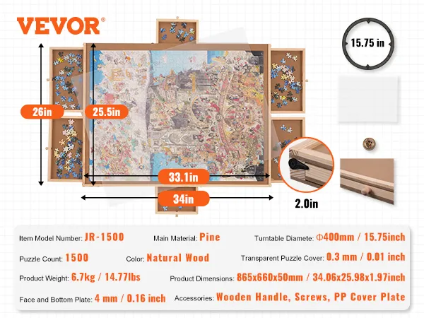 Puzzle VEVOR da 1500 pezzi, in legno naturale, 86x65x5 cm, con cassetti portaoggetti.