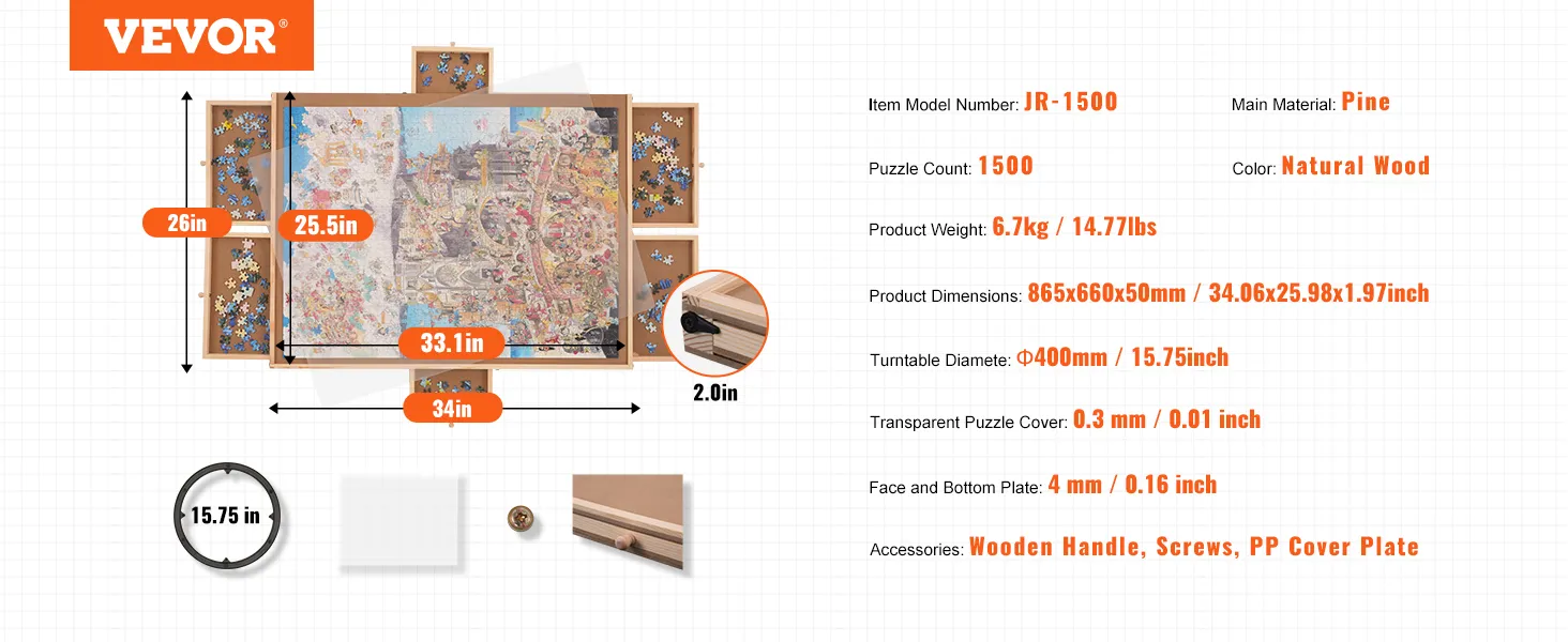 Puzzle VEVOR da 1500 pezzi, in legno naturale, 86x65x5 cm, con cassetti portaoggetti.