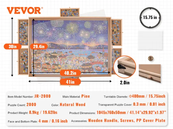 VEVOR puzzle board with 2000-piece capacity, pine wood, 41.14"x29.92", 8.9kg, transparent cover.