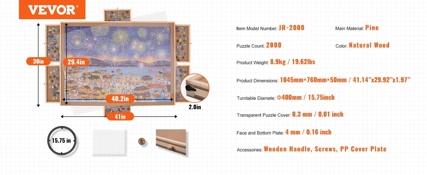 VEVOR puzzle board with 2000-piece capacity, pine wood, 41.14"x29.92", 8.9kg, transparent cover.