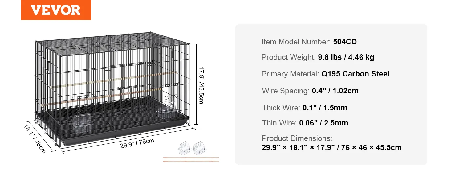 VEVOR bird cage, q195 carbon steel, dimensions 29.9"x18.1"x17.9", weight 9.8 lbs, wire spacing 0.4".