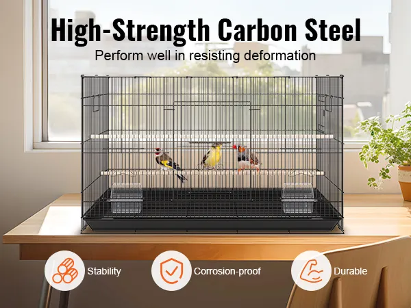 high-strength carbon steel VEVOR bird cage on a wooden table, with three birds inside and stability icons.